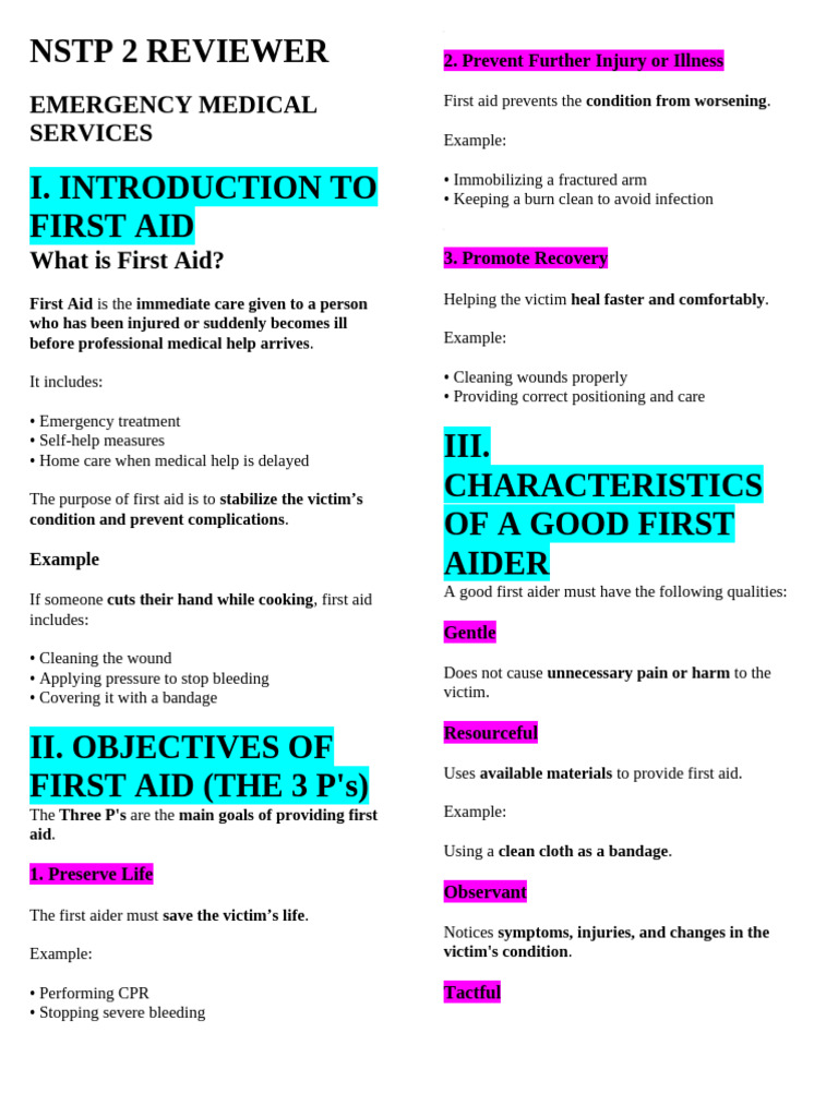 NSTP 2 Reviewer | PDF | Human Body | First Aid