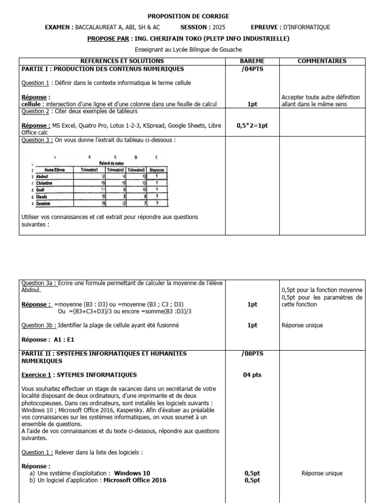 INFO - Proposé de Corrigé - BACC A 2025...... | PDF | Bases de données ...