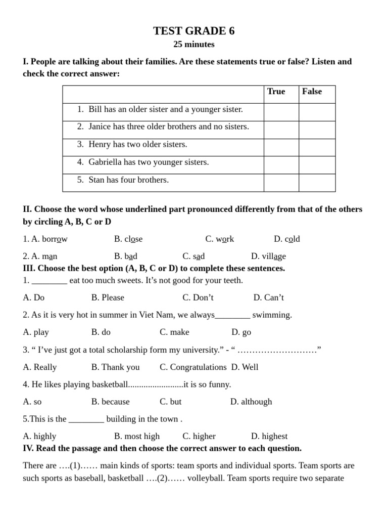 Test Grade 6 25p | PDF