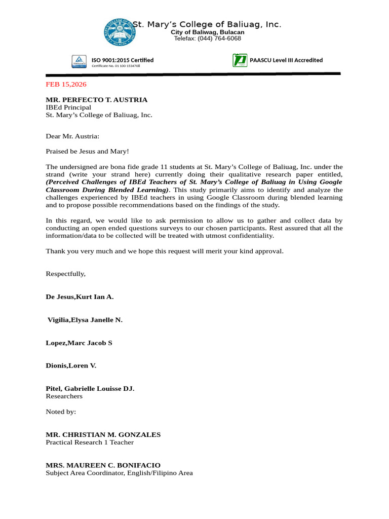 Permission Letter For Data Gathering | PDF