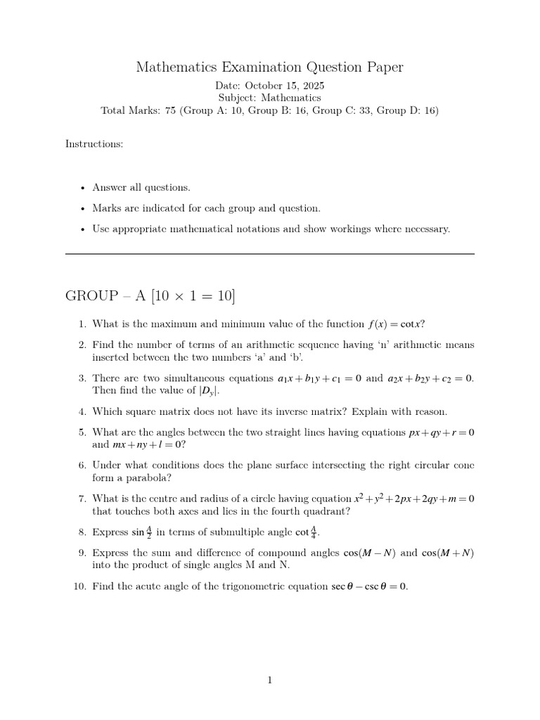 Mathematics Examination Question Paper | PDF | Equations | Geometry
