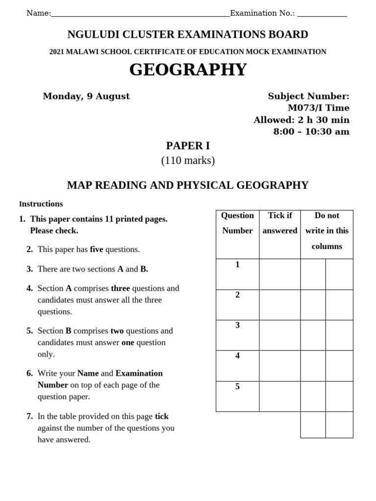 Geo Paper I MOCK 2021 NGULUDI (WSK) | PDF