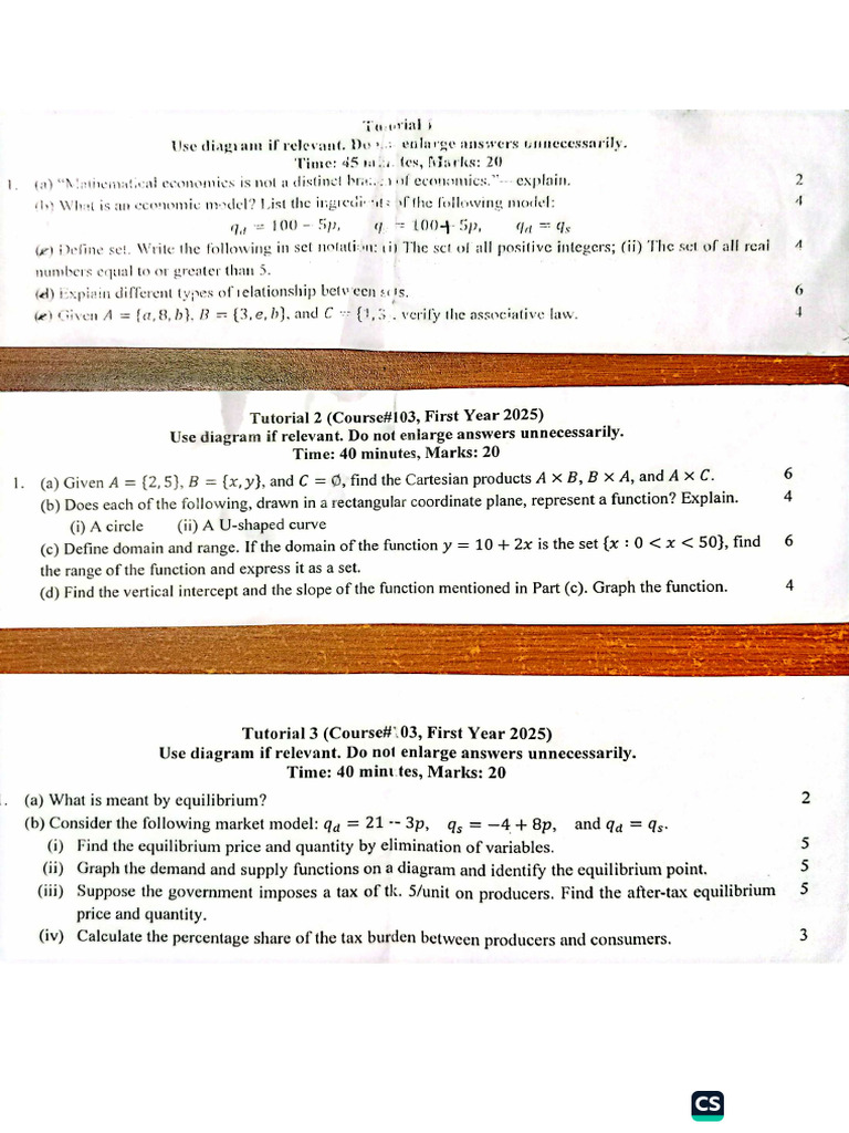 Math (103) Tutorial Question, (24-25) Session | PDF