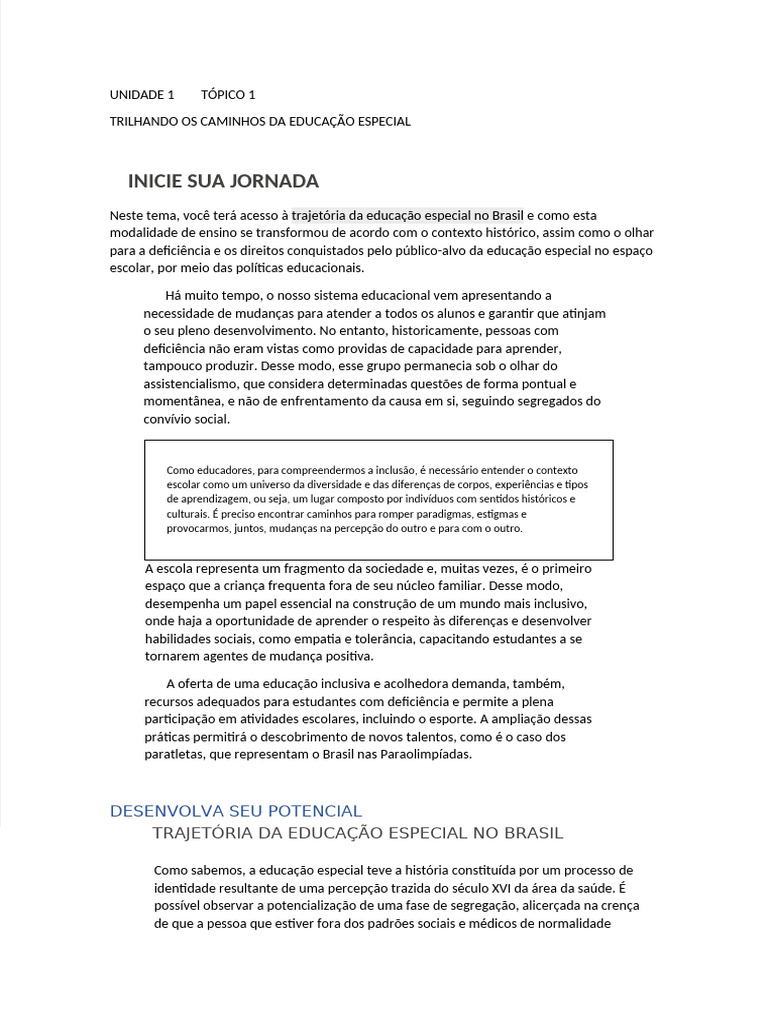 Unidade 1 Tópico 1 2 e 3 | PDF | Educação Especial | Inclusão (Educação)