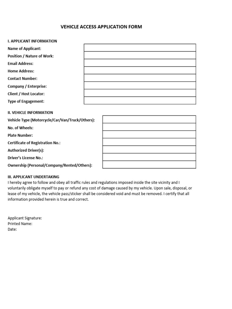 Vehicle Access Application Tempate | PDF