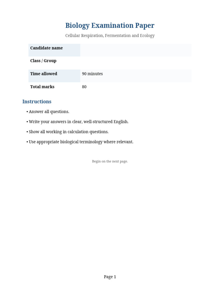 Biology Exam Paper Printable | PDF | Cellular Respiration | Ecosystem