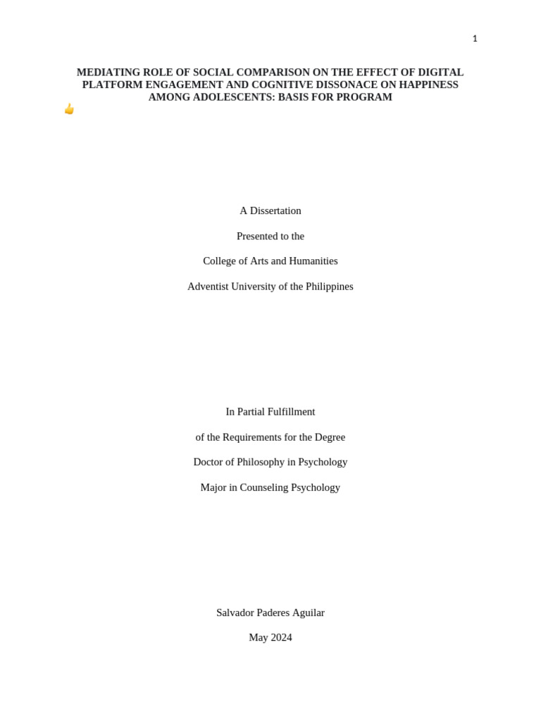 Mediating Role of Social Comparison-New | PDF | Well Being | Happiness