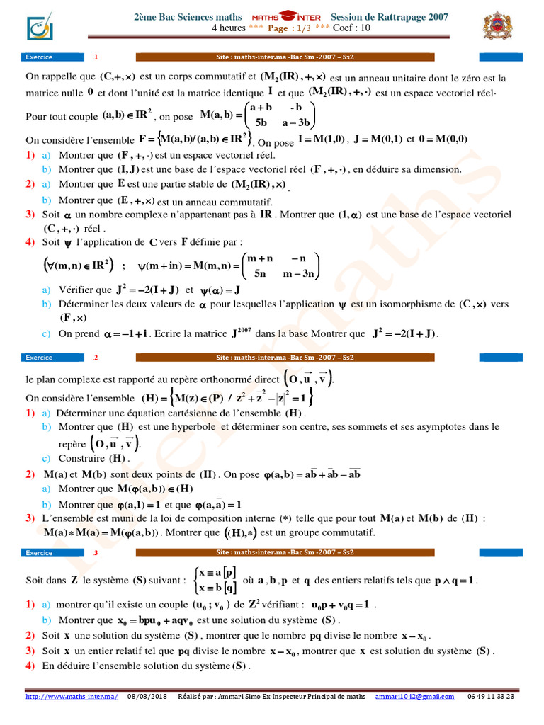 2ème Bac Sciences Maths - Session de Rattrapage 2007 | PDF | Matrice ...