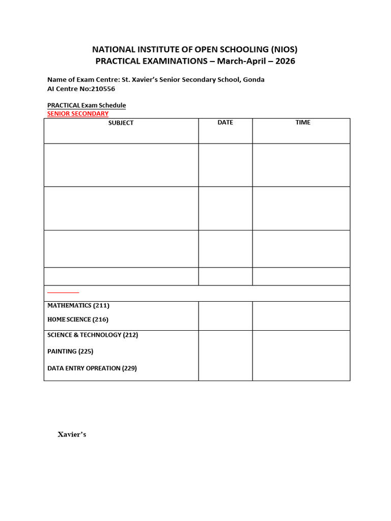 Revised Nios Practical Exam Date Sheet 2026 | PDF