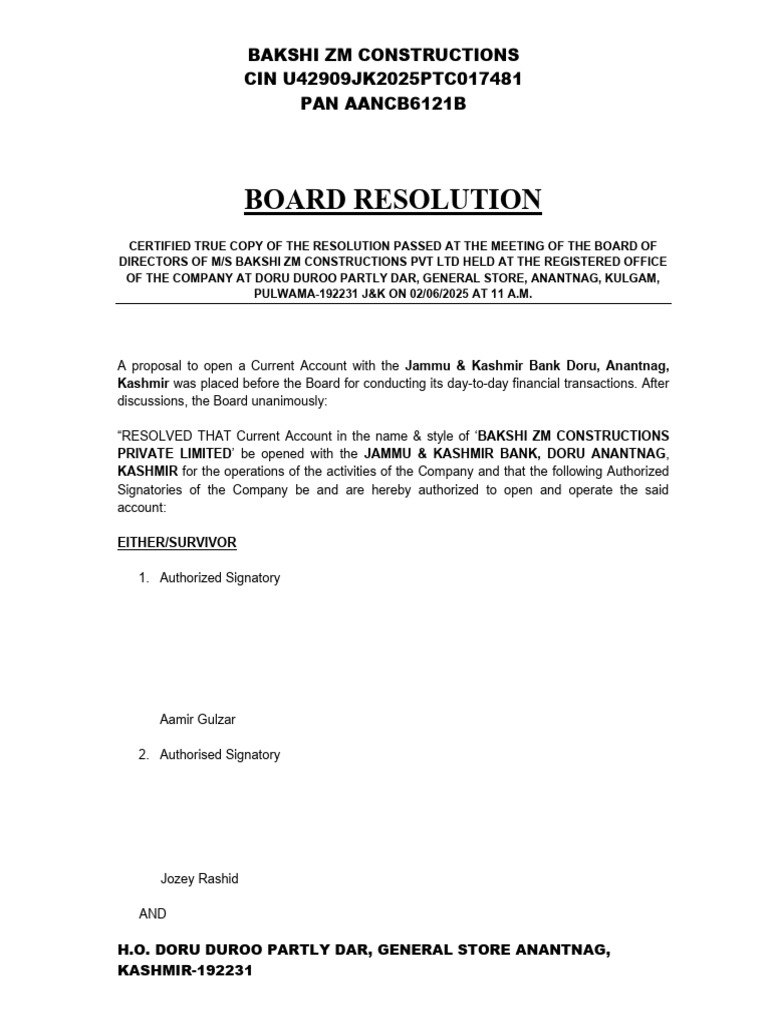 Board Resolution Bank | PDF | Overdraft | Financial Services