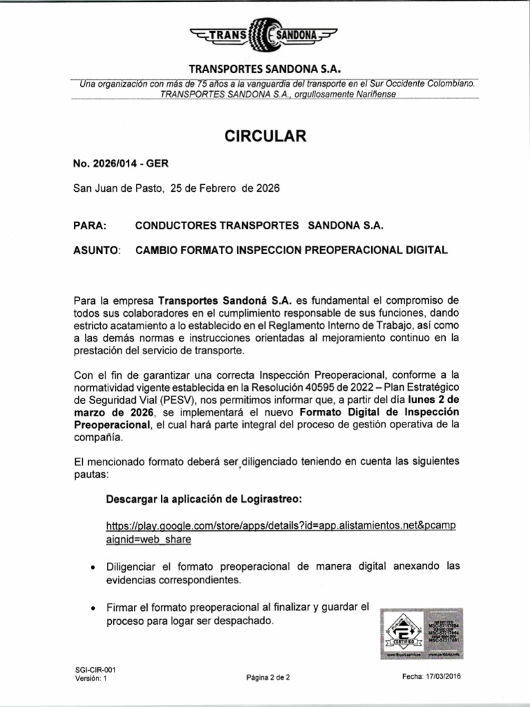 Circular 14 Cambio Formato Inspeccion Preoperacional | PDF