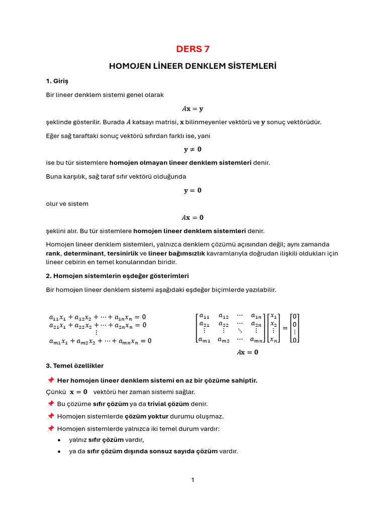 Lineer Cebir 7.hafta | PDF
