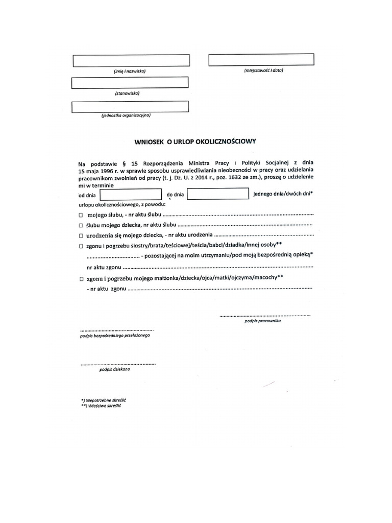 Wniosek Urlop Okolicznosciowy | PDF