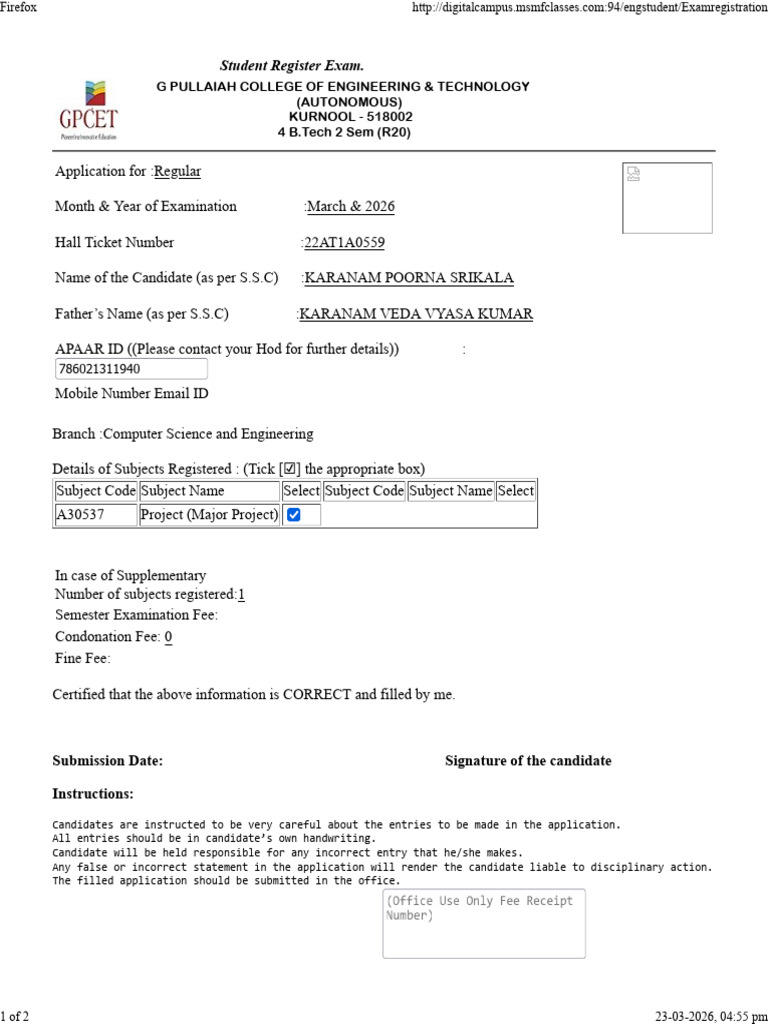 Student Register Exam.: G Pullaiah College of Engineering & Technology ...