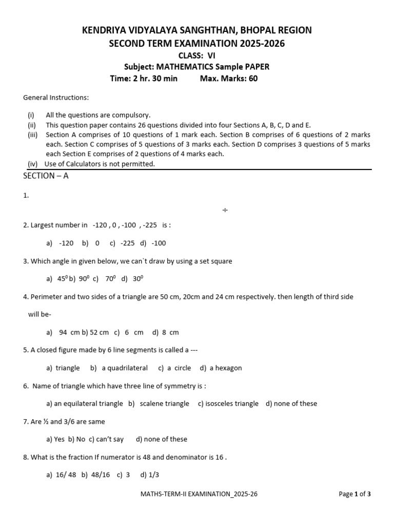 Class 6 Maths Term 2 2025-26 - Sample Question Paper | PDF | Area ...