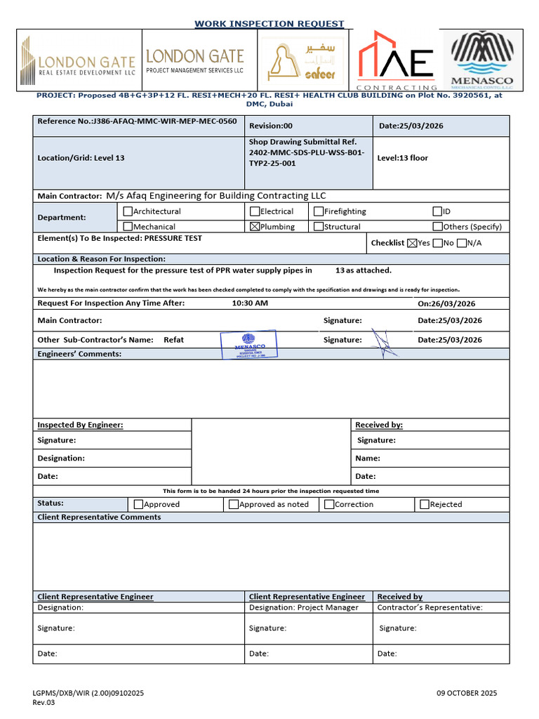 J386 AFAQ MMC WIR MEP MEC 0560 - Inspection For PPR Pipes Pressure Test ...