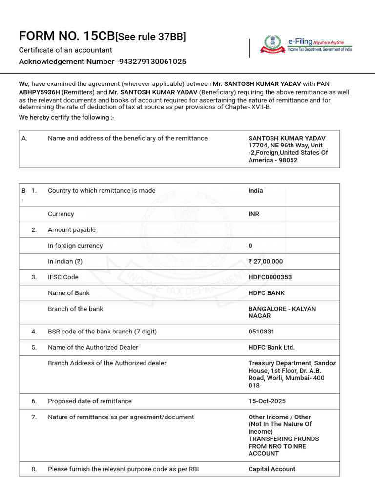 Form 15CB - Filed Form | PDF | Tax Treaty | Capital Gains Tax