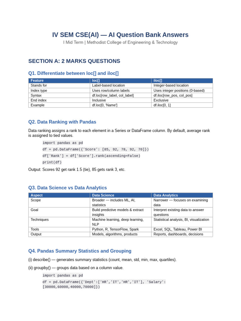AI QB Answers | PDF | Standard Deviation | Skewness