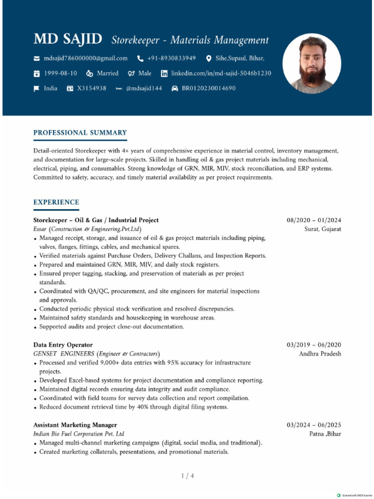 Storekeeper O&g CV | PDF
