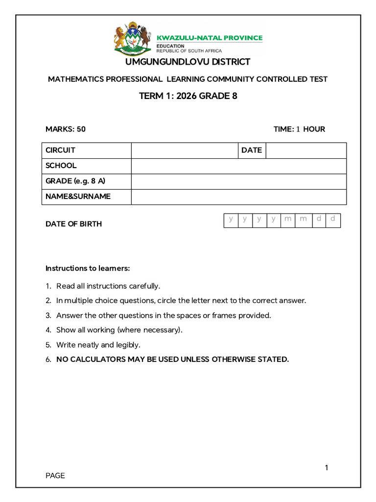 UMgungundlovu District Grade 8 PLC Controlled Test | PDF | Mathematics