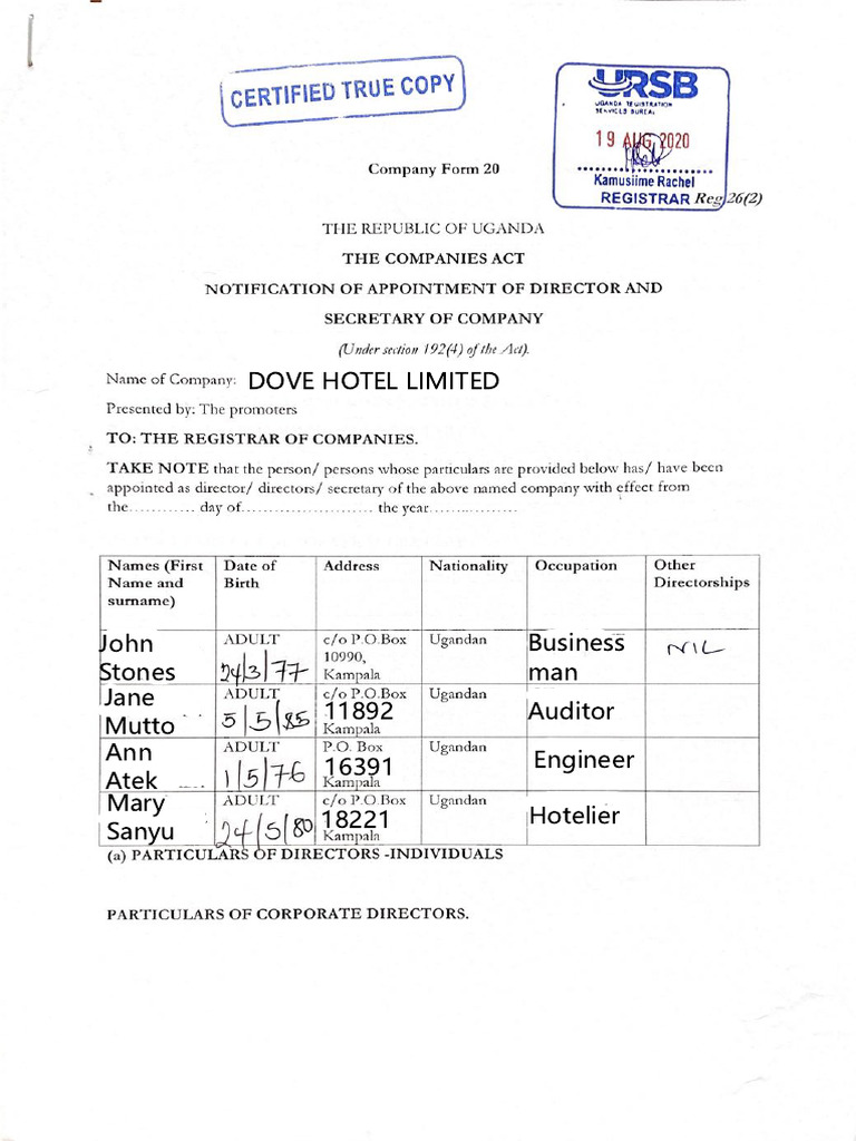Form 20 - Particulars of Directors & Secretary | PDF