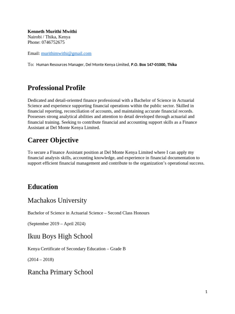 Kenneth Delmonte Finance CV | PDF | Accounting | Kenya