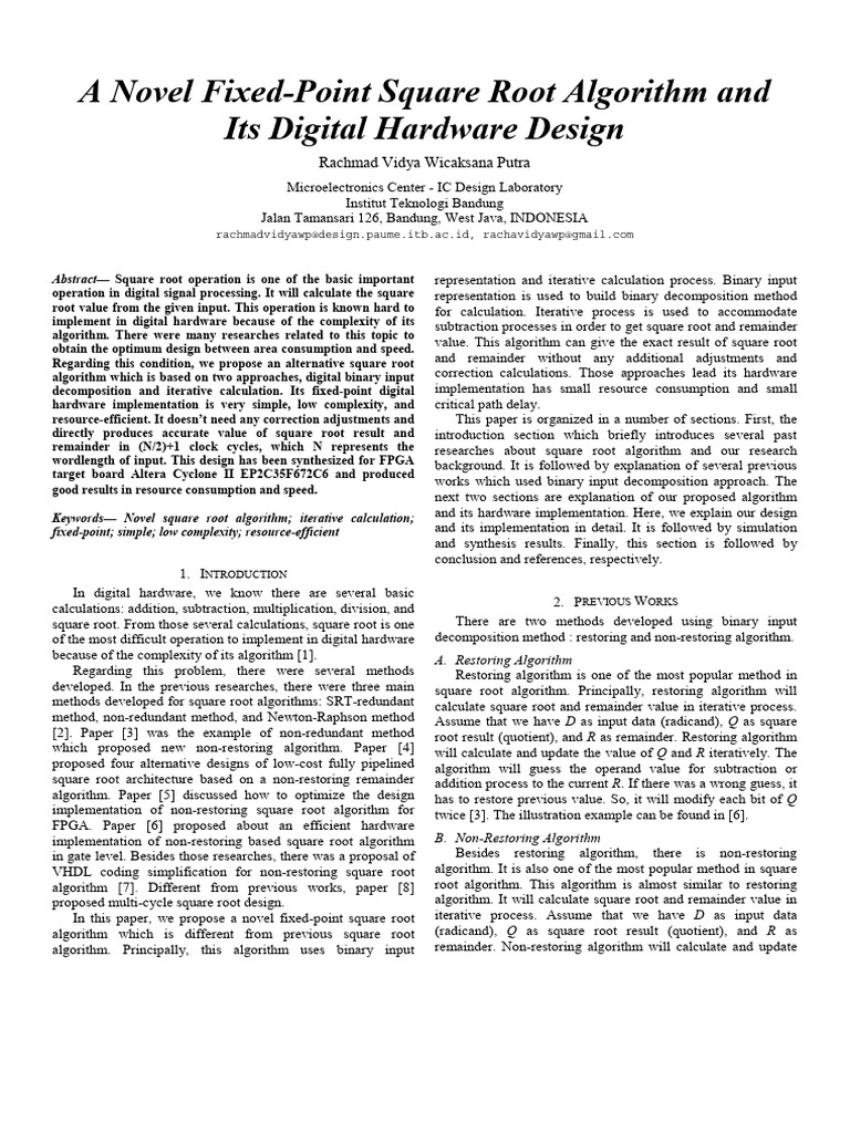A Novel Fixed-Point Square Root Algorithm and Its Digital Hardware ...