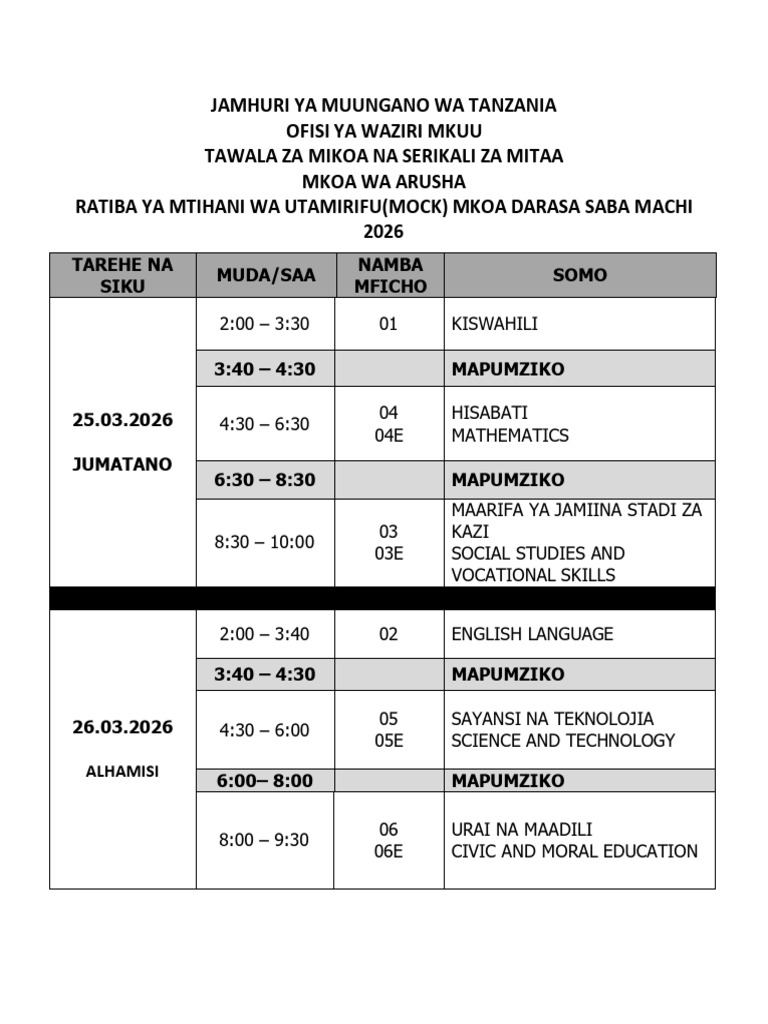 Ratiba Mock Darasa La Saba Machi 2026 | PDF