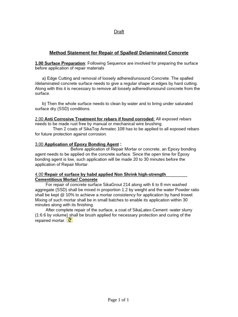 Method Statement For Repair of Concrete | PDF
