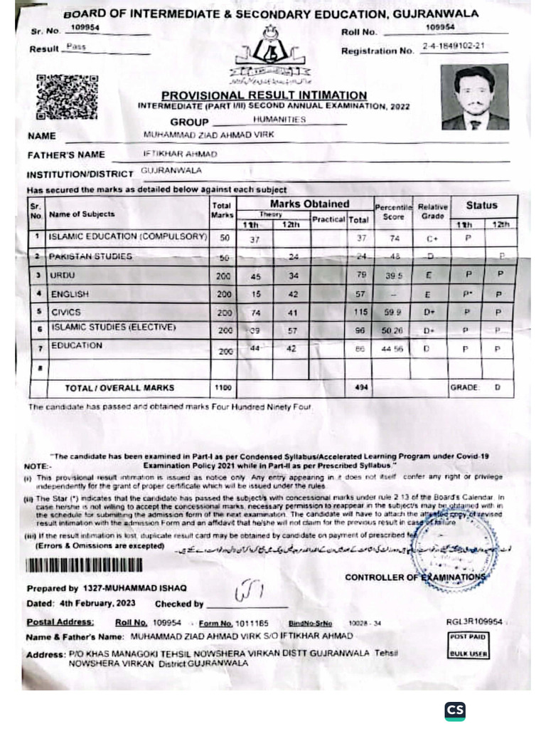 Muhammad Zaid Ahmad Intermediate Result Card | PDF
