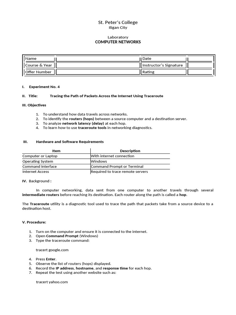 Lab. Exercise 4 Tracing The Path | PDF | Computer Network | Router ...