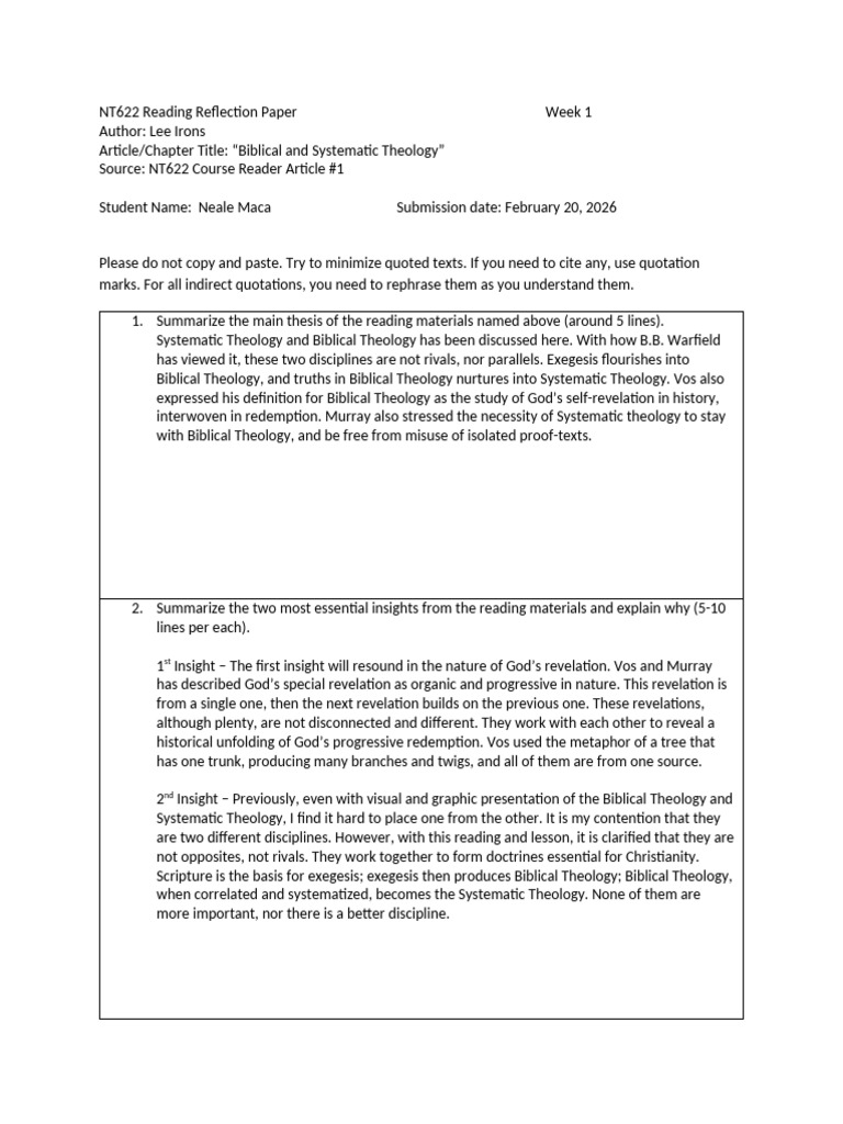 NT622 Reading Reflection Paper 1 | PDF | Bible | God In Christianity