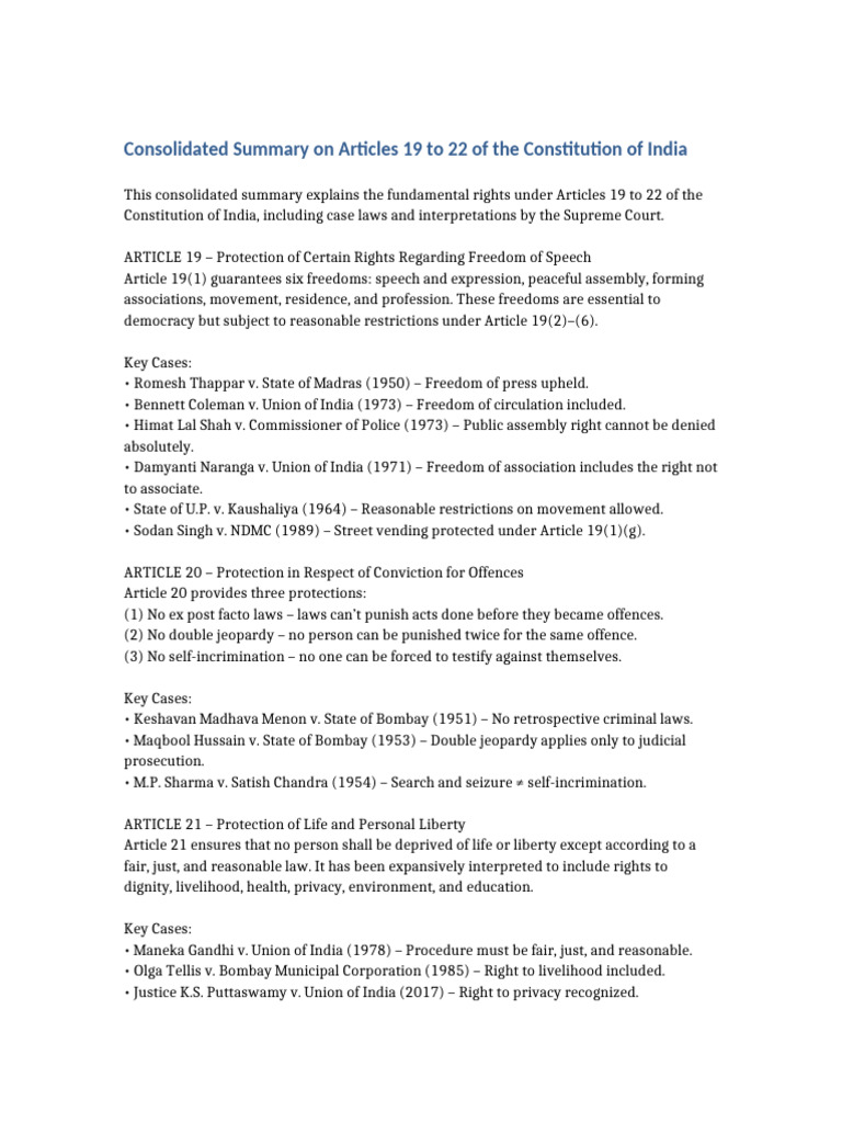 Constitution Articles 19 To 22 Summary | PDF | Justice | Crime & Violence