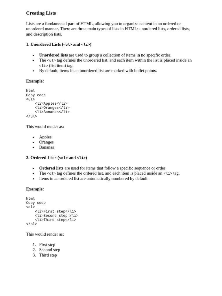 Creating Lists | PDF | Html | Html Element