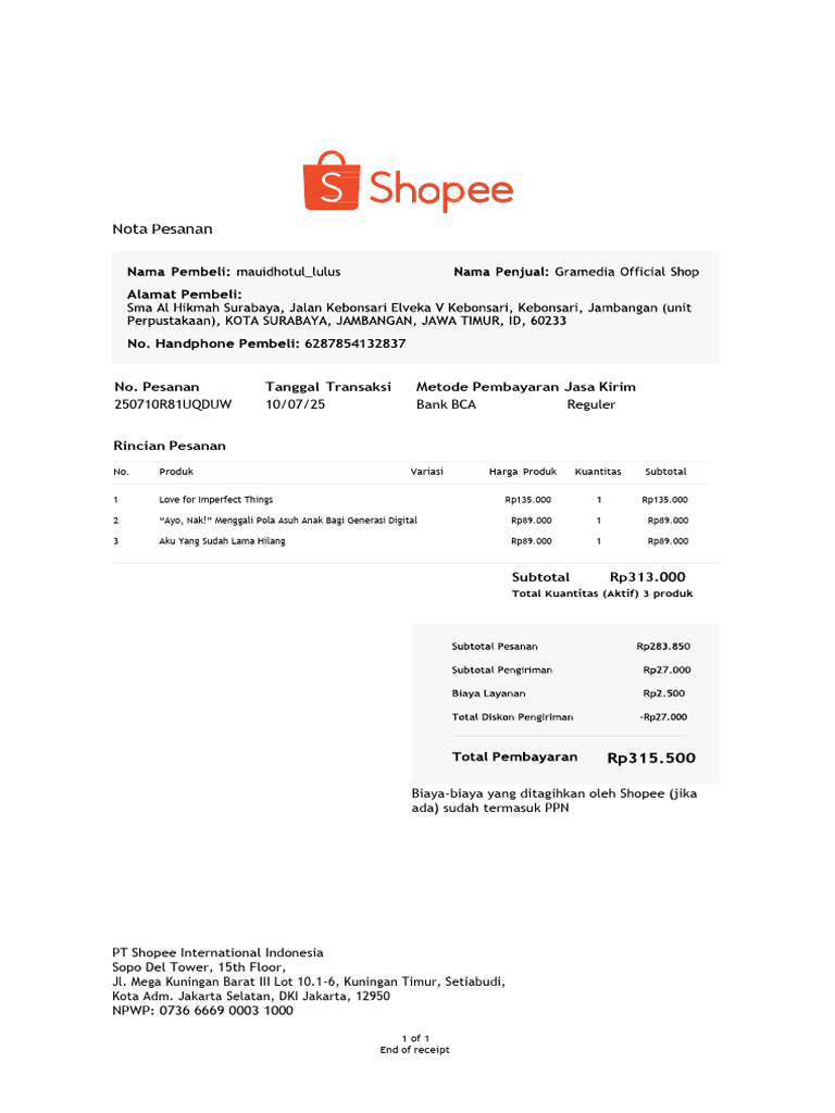 Nota Shopee Al Hikmah | PDF