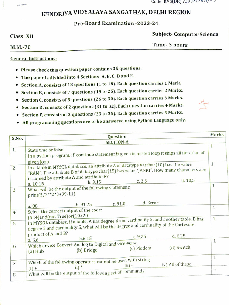 Xii CS Del QP PB1 | PDF