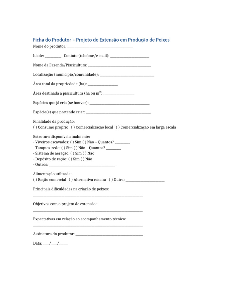 Ficha Produtor Extensao Peixes | PDF