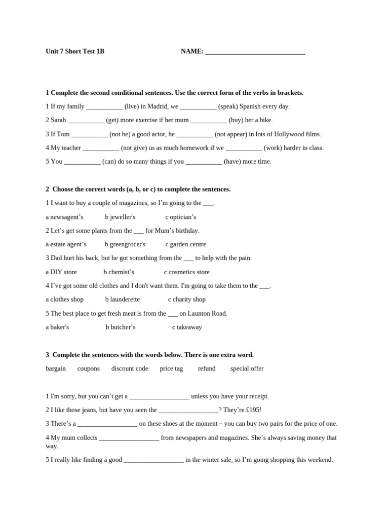 Unit 7 Short Test 1B 2 7 | PDF | Syntax | Linguistics