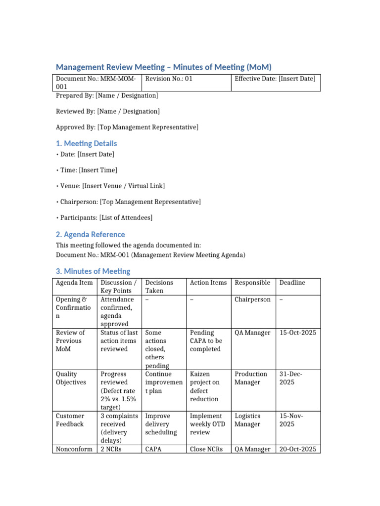 Management Review Meeting Minutes | PDF