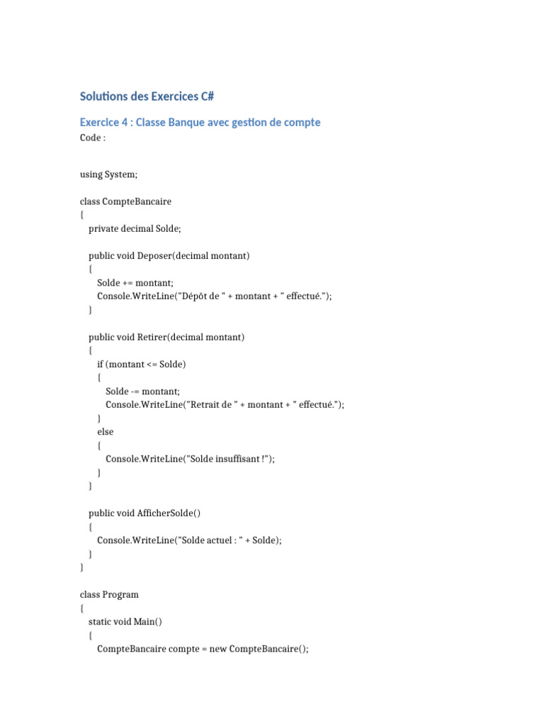 Solutions Exercices CSharp | PDF