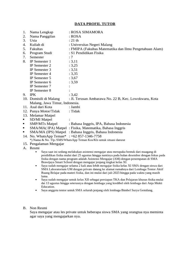 Data Profil Tutor Tahun Akademik 2023-2024 | PDF