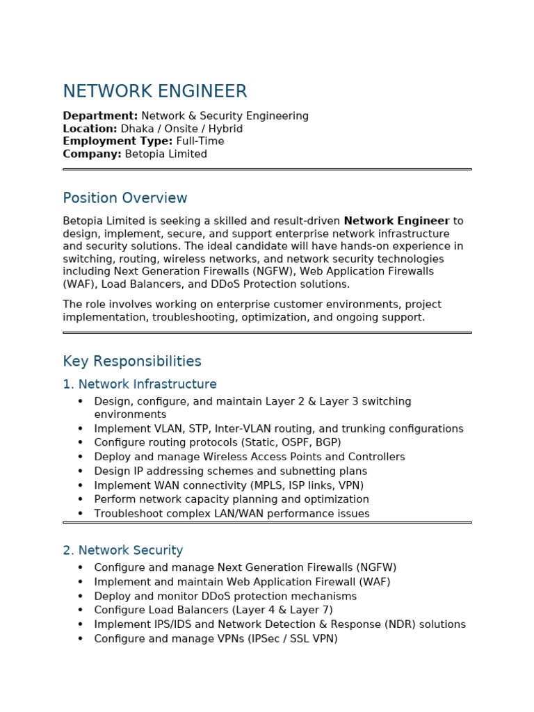 Network Engineer JD Betopia-30K-50K | PDF | Virtual Private Network ...