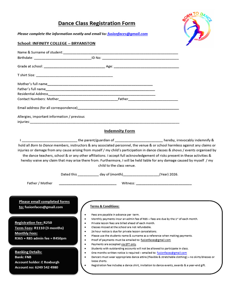 Born To Dance Registration Form 2026 - Infinity College Bryanston | PDF ...