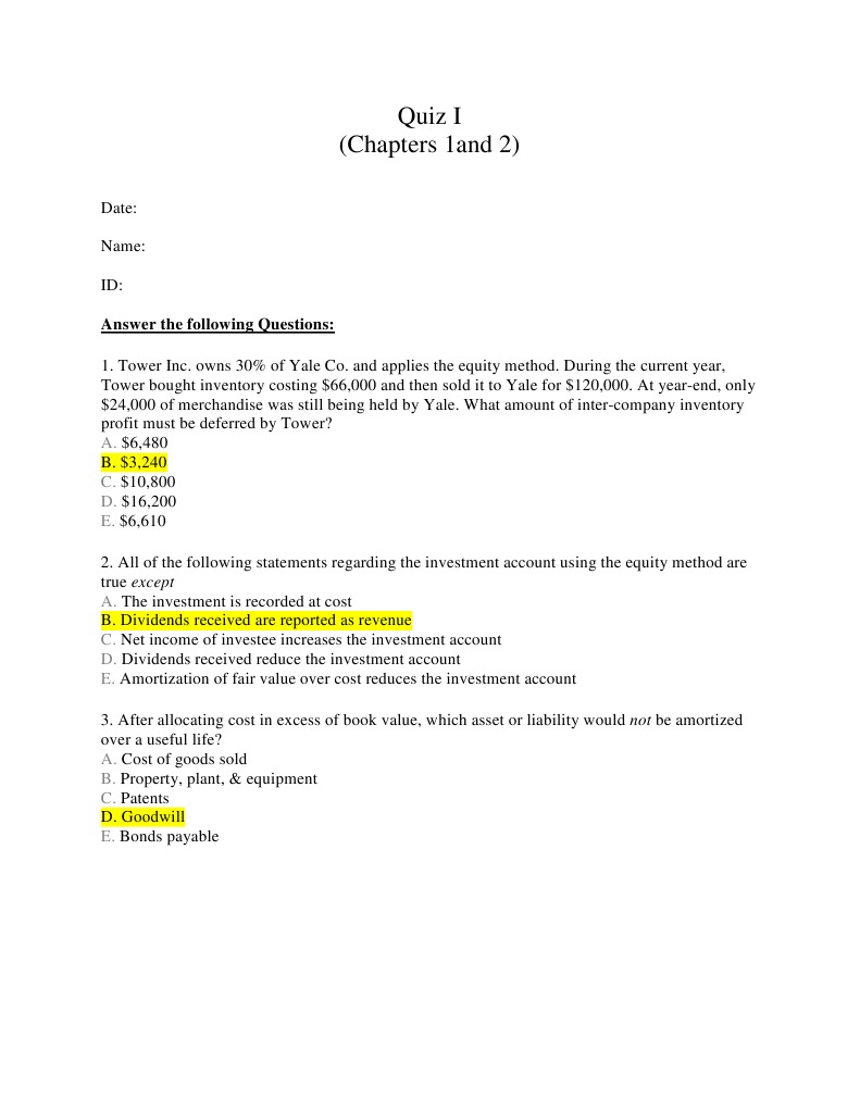 Equity Method Accounting Quiz | PDF | Book Value | Consolidation (Business)