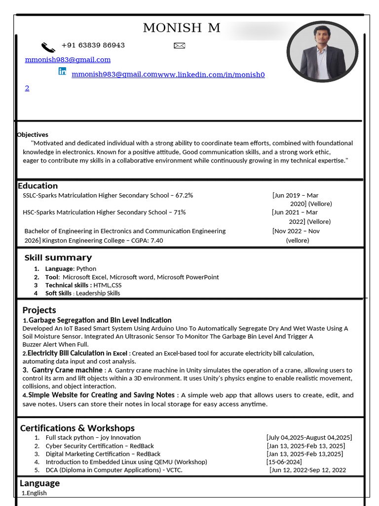 Monish Latest Resume New With Photo | PDF | Internet Of Things | Computing