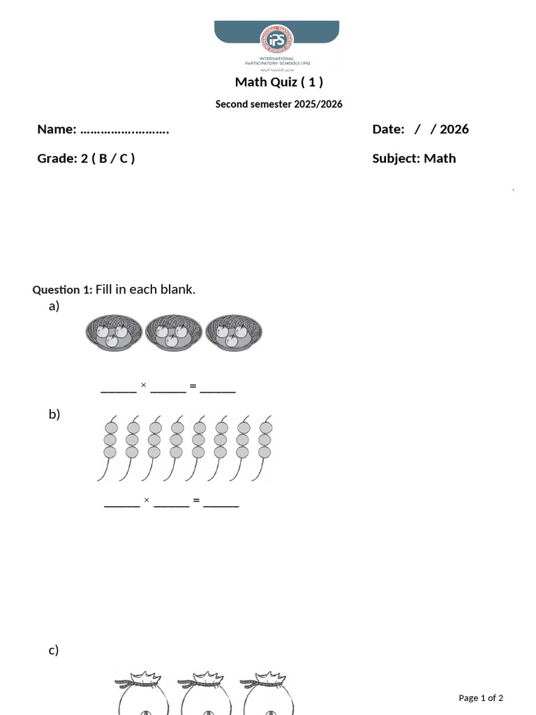 Grade 2 Quiz 1 Semester 2 | PDF