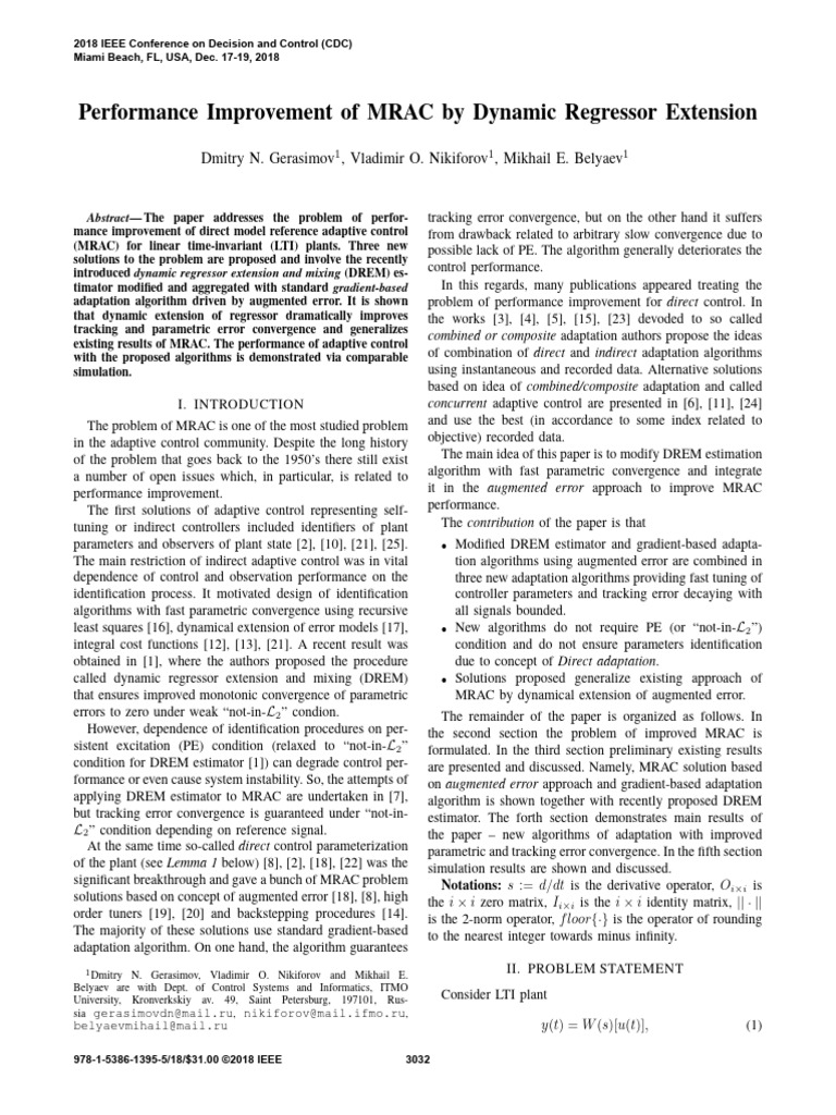 Performance Improvement of MRAC by Dynamic Regressor Extension | PDF