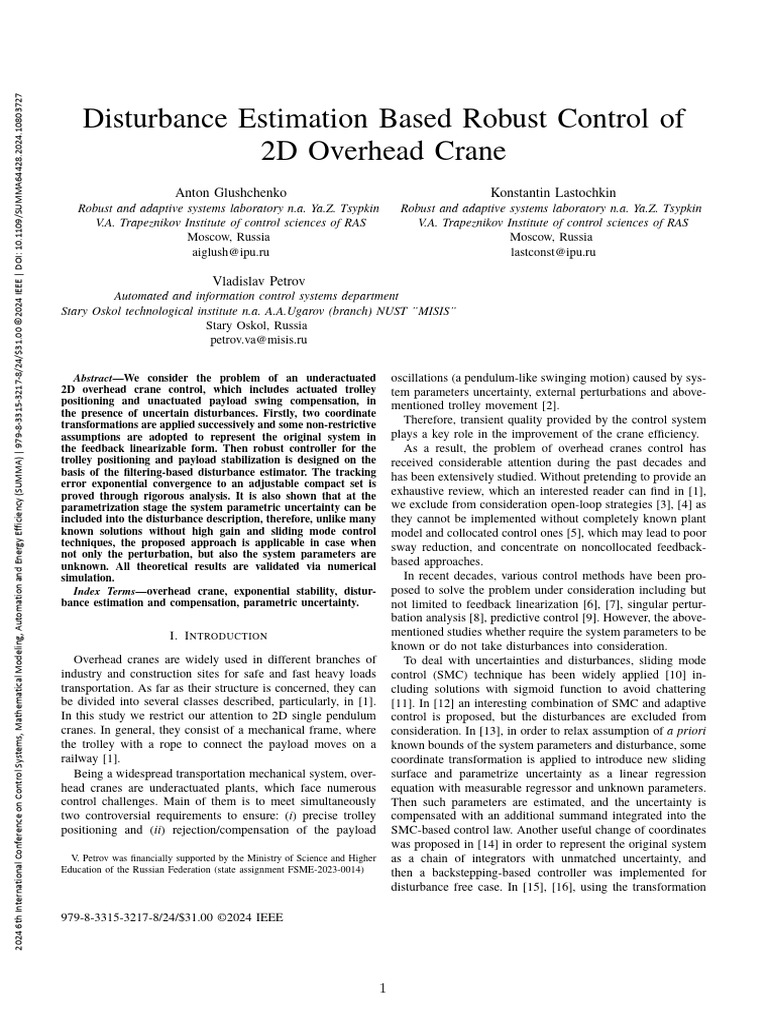 Disturbance Estimation Based Robust Control of 2D Overhead Crane | PDF ...