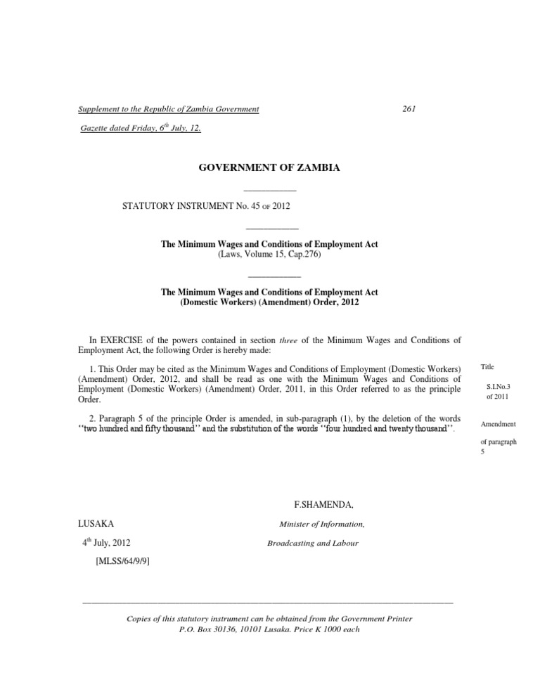 The Minimum Wages and Conditions of Employment Act For Zambia PDF