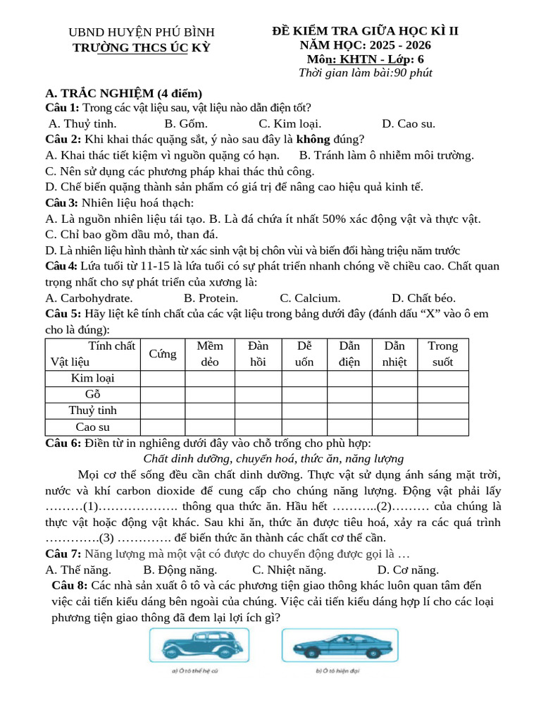 Khtn 6 Đề Kiểm Tra Giữa Học Kì II | PDF